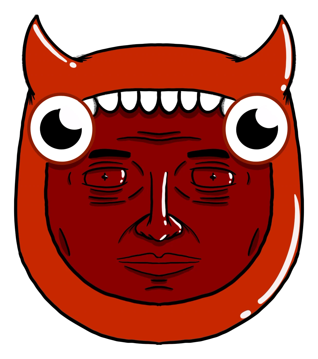 Red ink illustration of a face wearing a glossy demon hood
