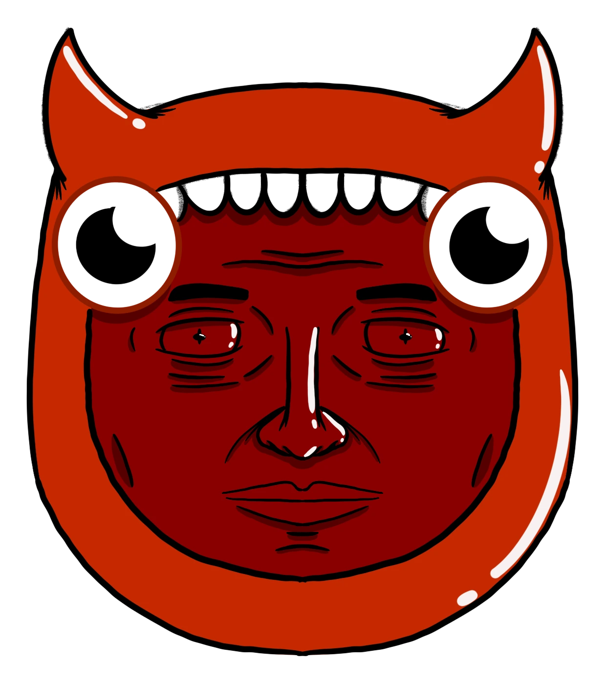 Red ink illustration of a face wearing a glossy demon hood