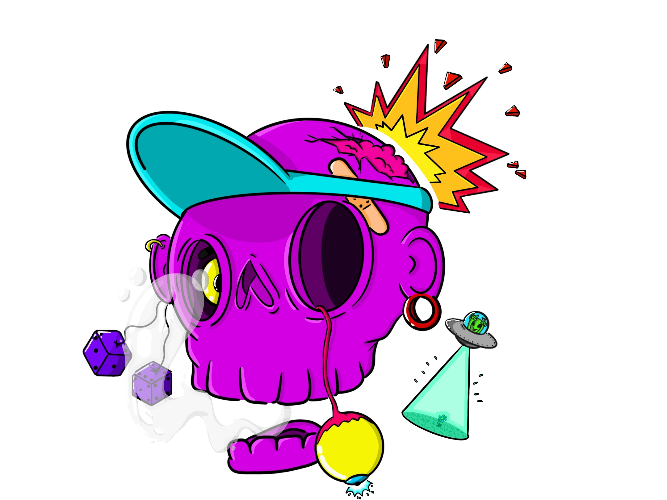 Colorful digital ink illustration of a surreal skull wearing a cap