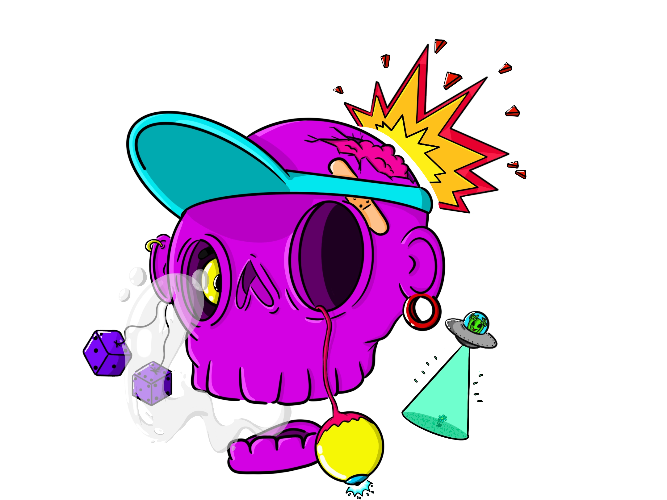 Colorful digital ink illustration of a surreal skull wearing a cap