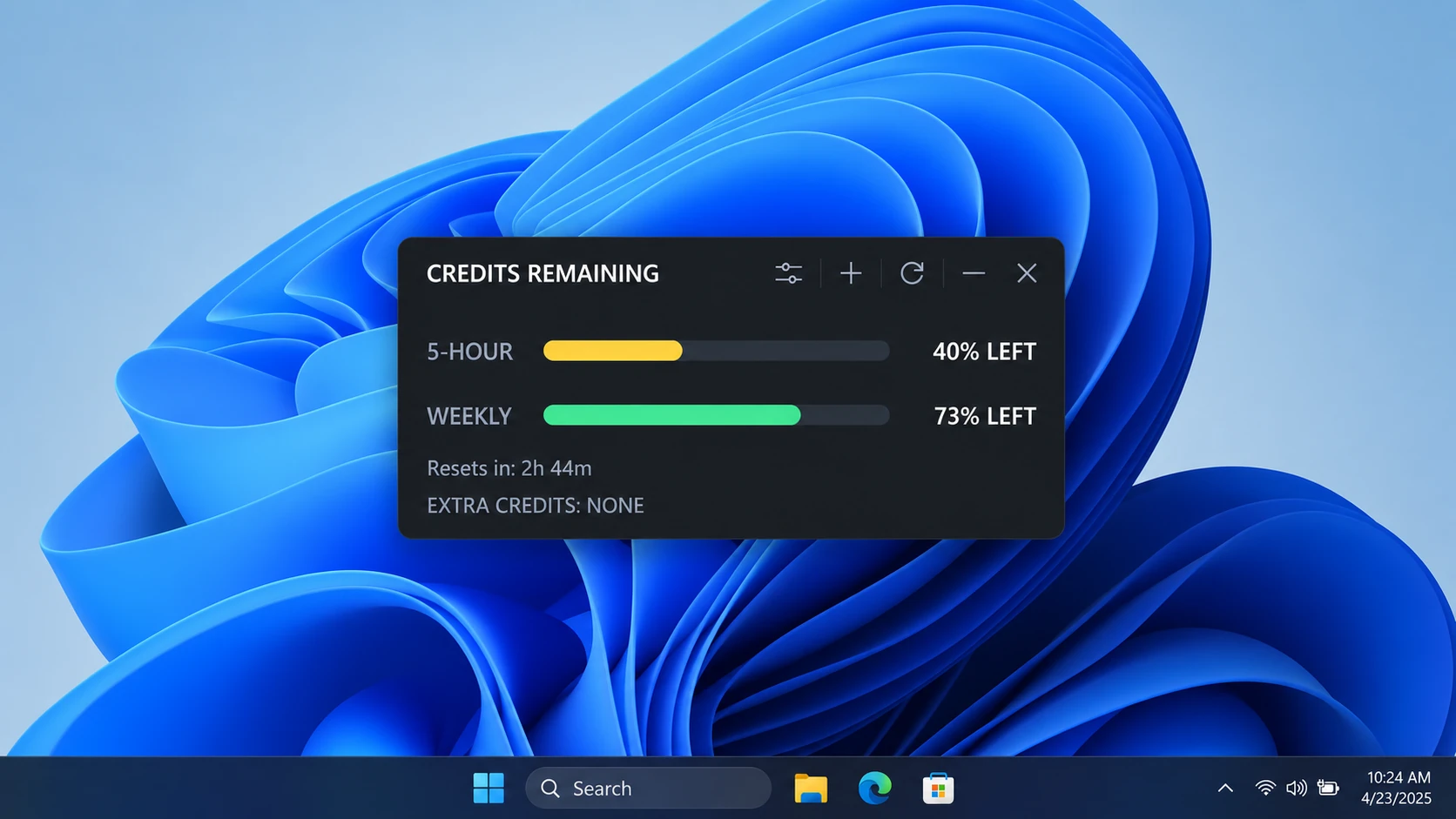 CCredits widget displaying five-hour and weekly Codex usage on a Windows 11 desktop