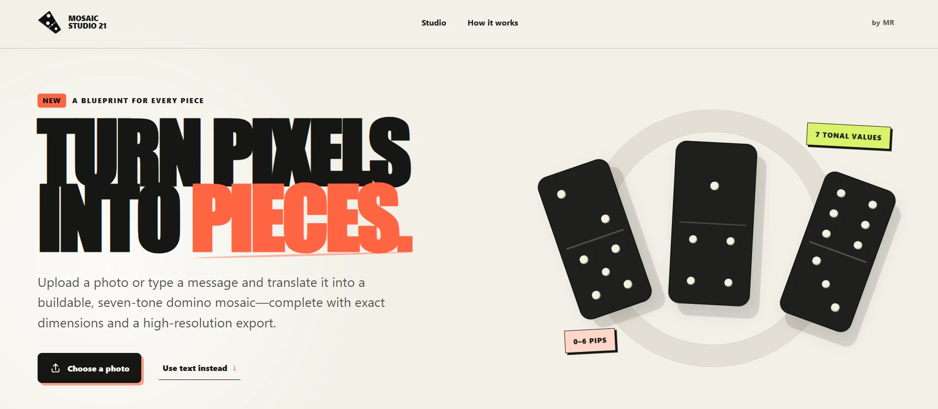 Mosaic Studio 21 home page with illustrated domino pieces