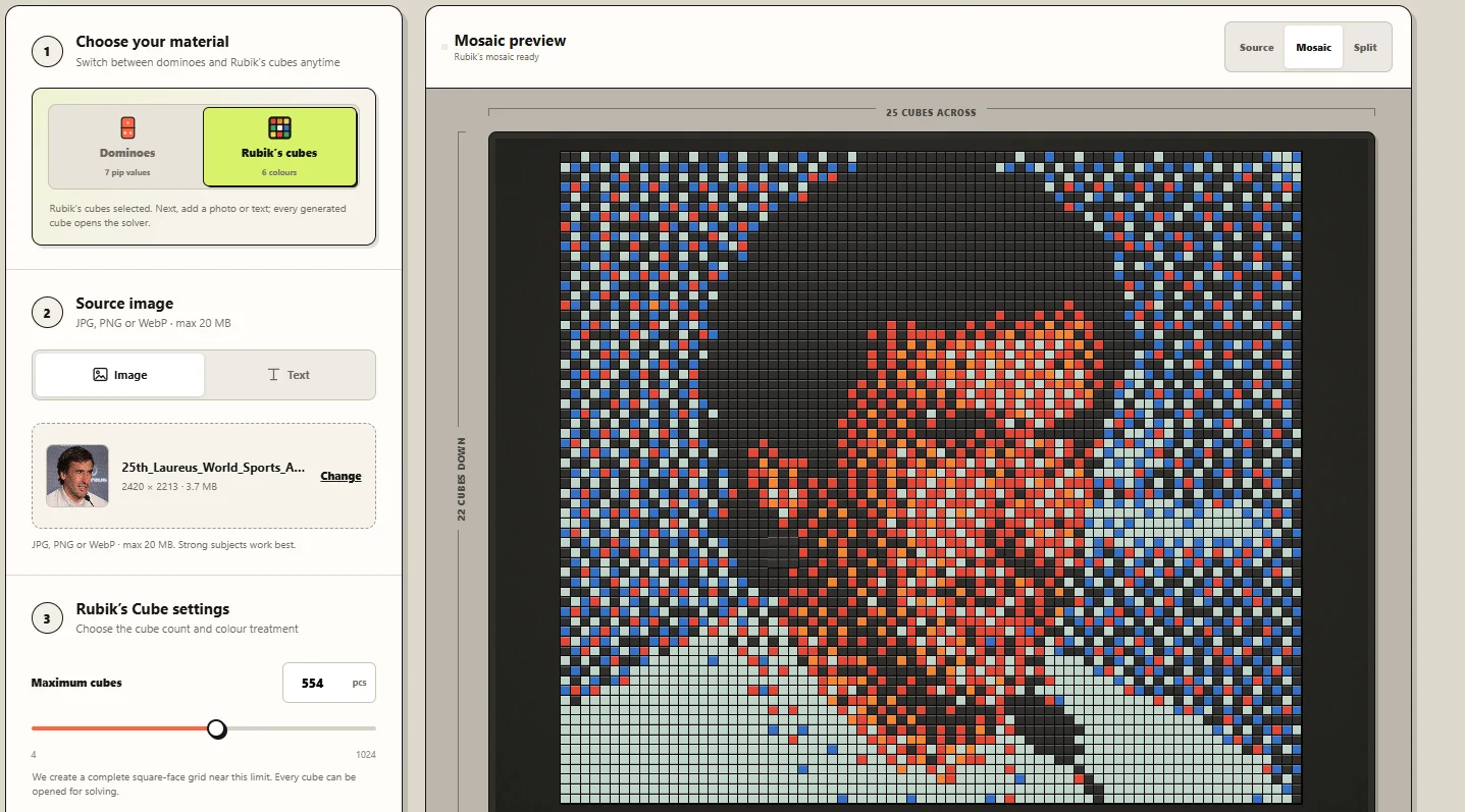 Rubik's Cube mosaic preview and controls in Mosaic Studio 21