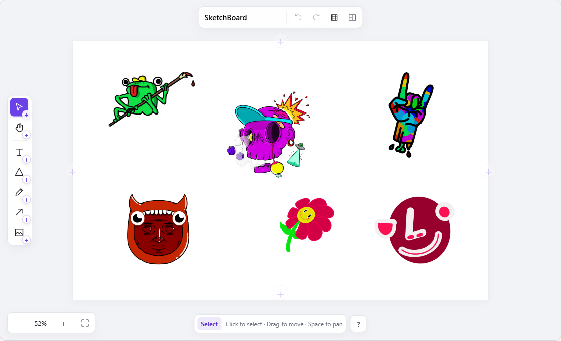 SketchBoard whiteboard containing Manuel's colorful illustration collection