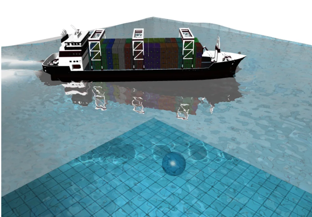 Cargo ship reflected in simulated water above visible underwater caustics