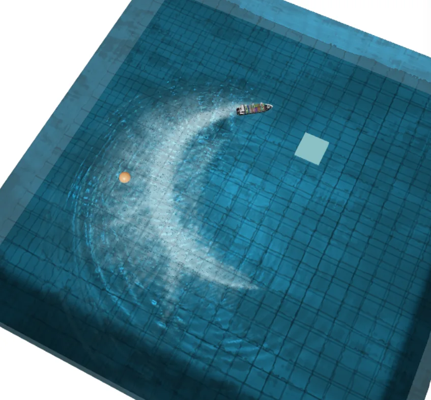 Top-down view of a cargo ship creating a broad curved foam wake