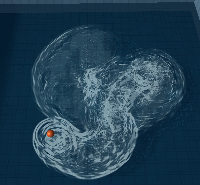 Overhead view of overlapping simulated wakes and a floating sphere in the Three.js water system