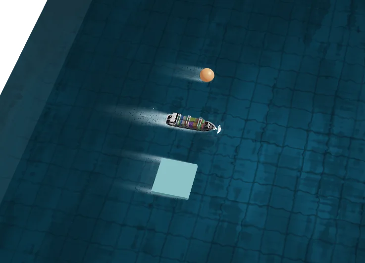 Top-down view of the ship wake interacting with floating sphere and cube obstacles